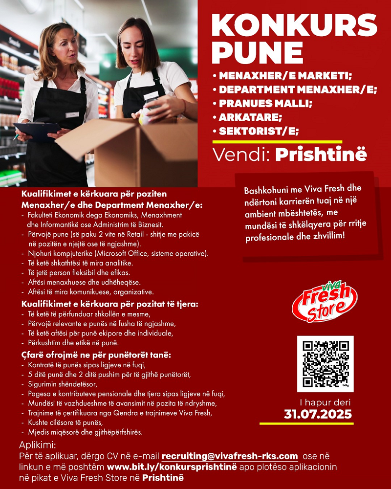 Menaxher/e Marketi, Department Menaxher/e, Pranues Malli, Arkatare, Sektorist/e - Prishtinë